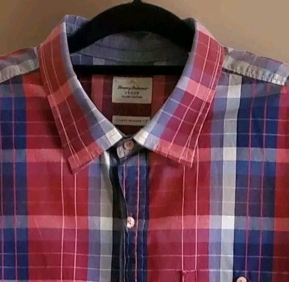 Tommy Bahama Button Up Men's 2XL Shirt Plaid  Burgundy Blue Preppy Resort Casual